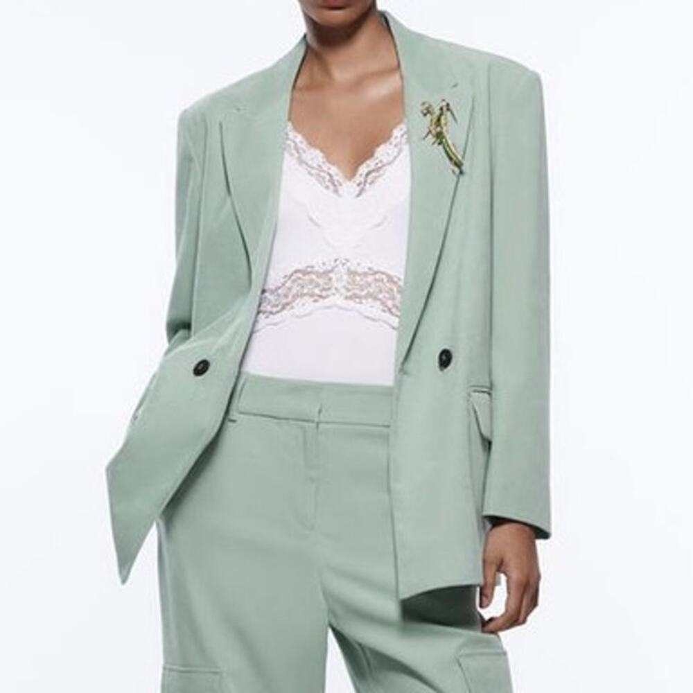 Zara Double Breasted Soft Oversized Blazer Jacket Light Green Shoulder Pads